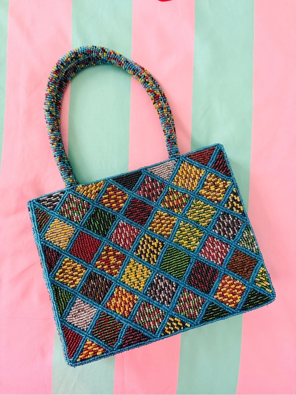 Beaded Multicolor Geometric Tote Bag - Women